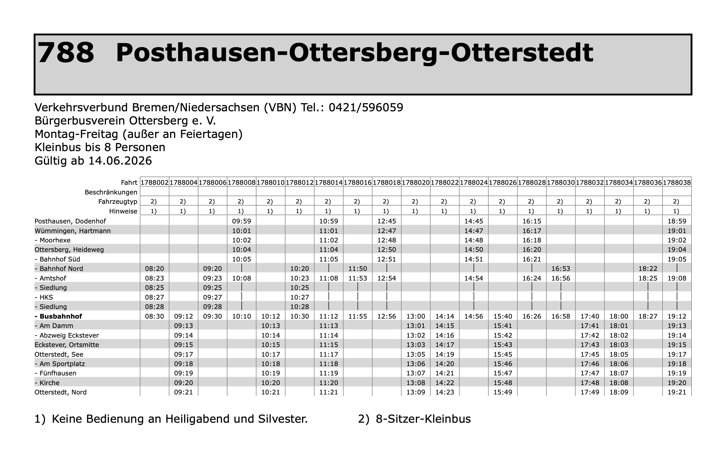 Fahrplan der Linie 788 von Posthausen nach Otterstedt