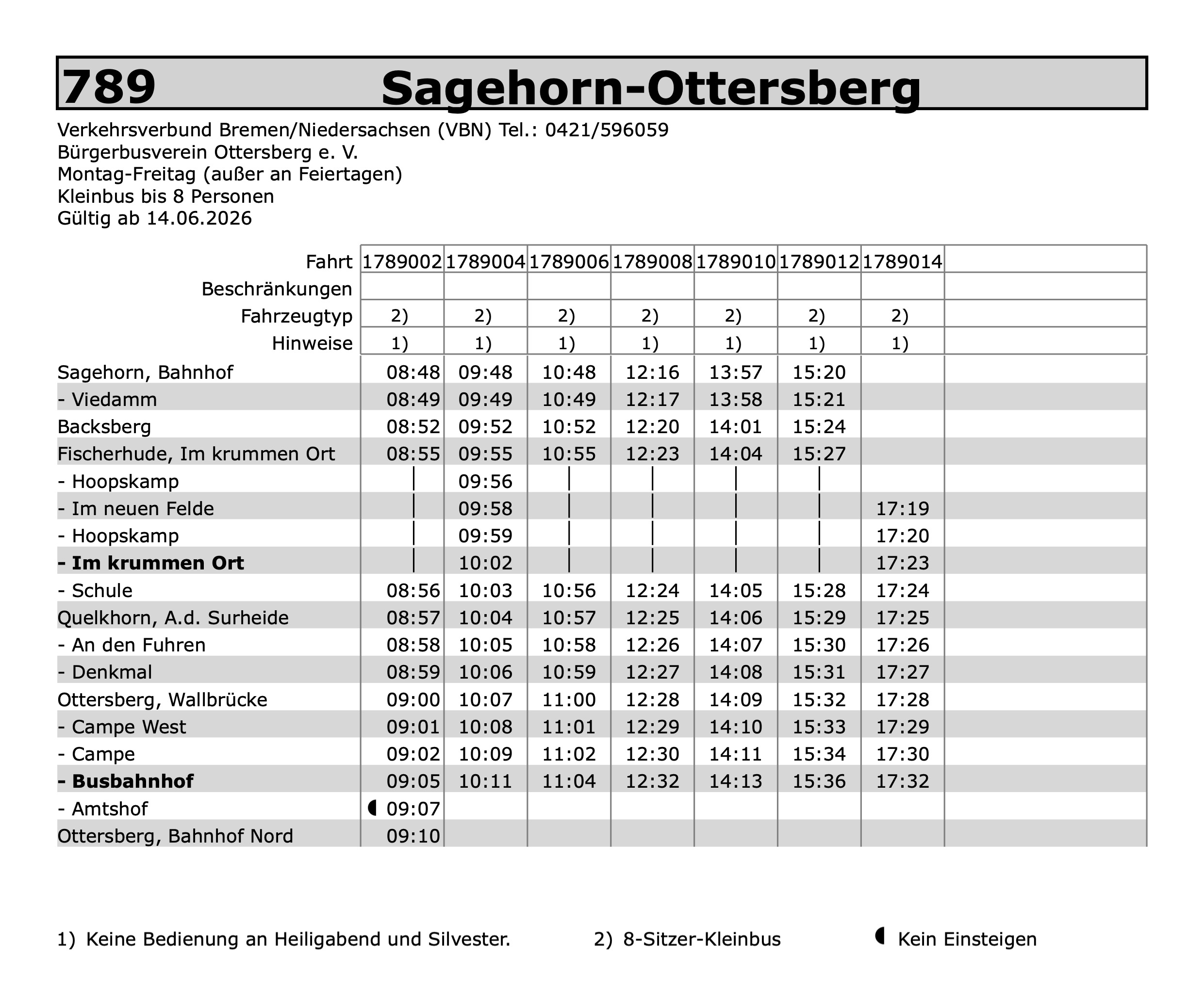 Fahrplan der Linie 789 von Sagehorn nach Ottersberg